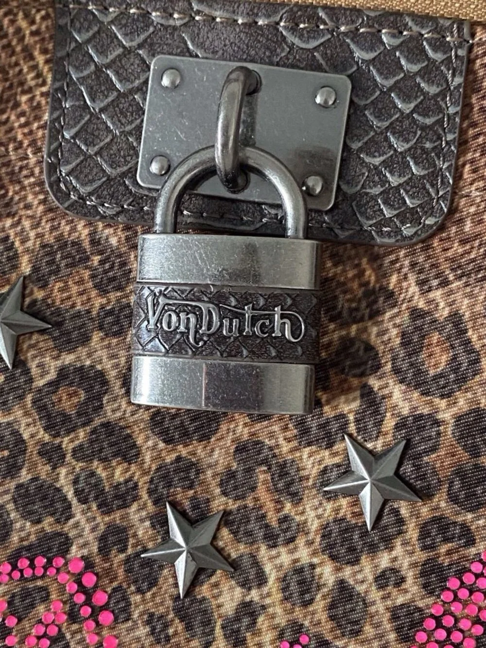 Von Dutch Leopard Print Bree Satchel Bag Animal Print Chic Orange W/Lock Charm